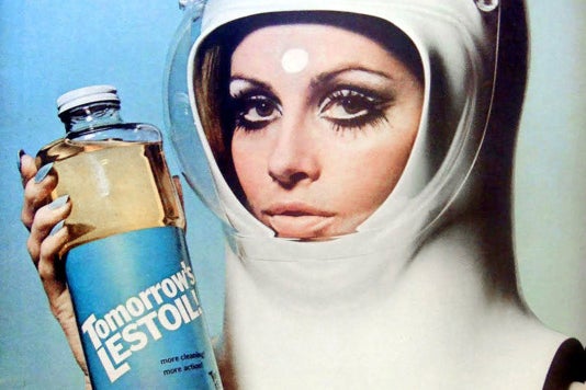 Retro image of a woman holding a Lestoll bottle.